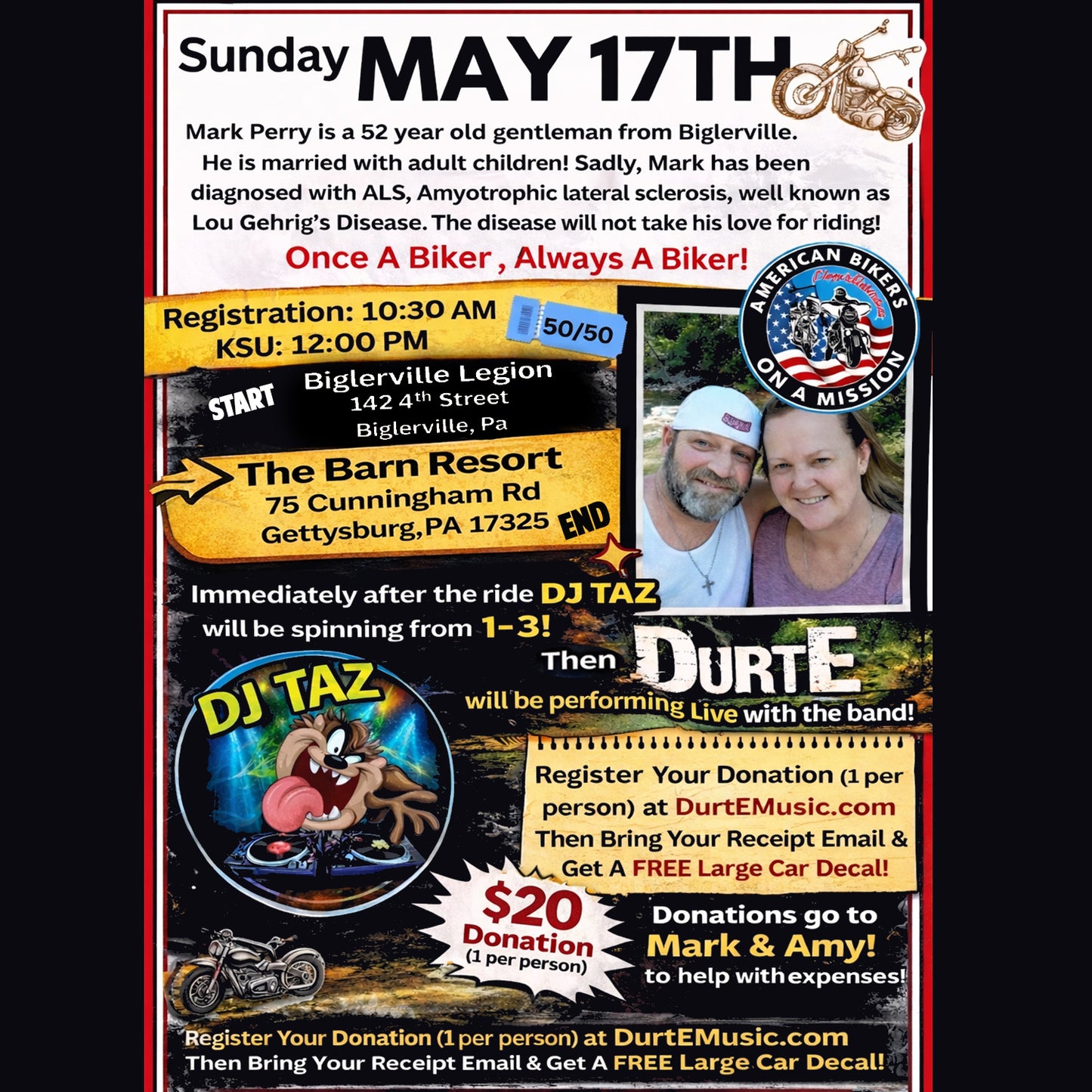 $20 Donation to Show at the Barn Resort in Gettysburg PA 5/17 to help Mark & Amy